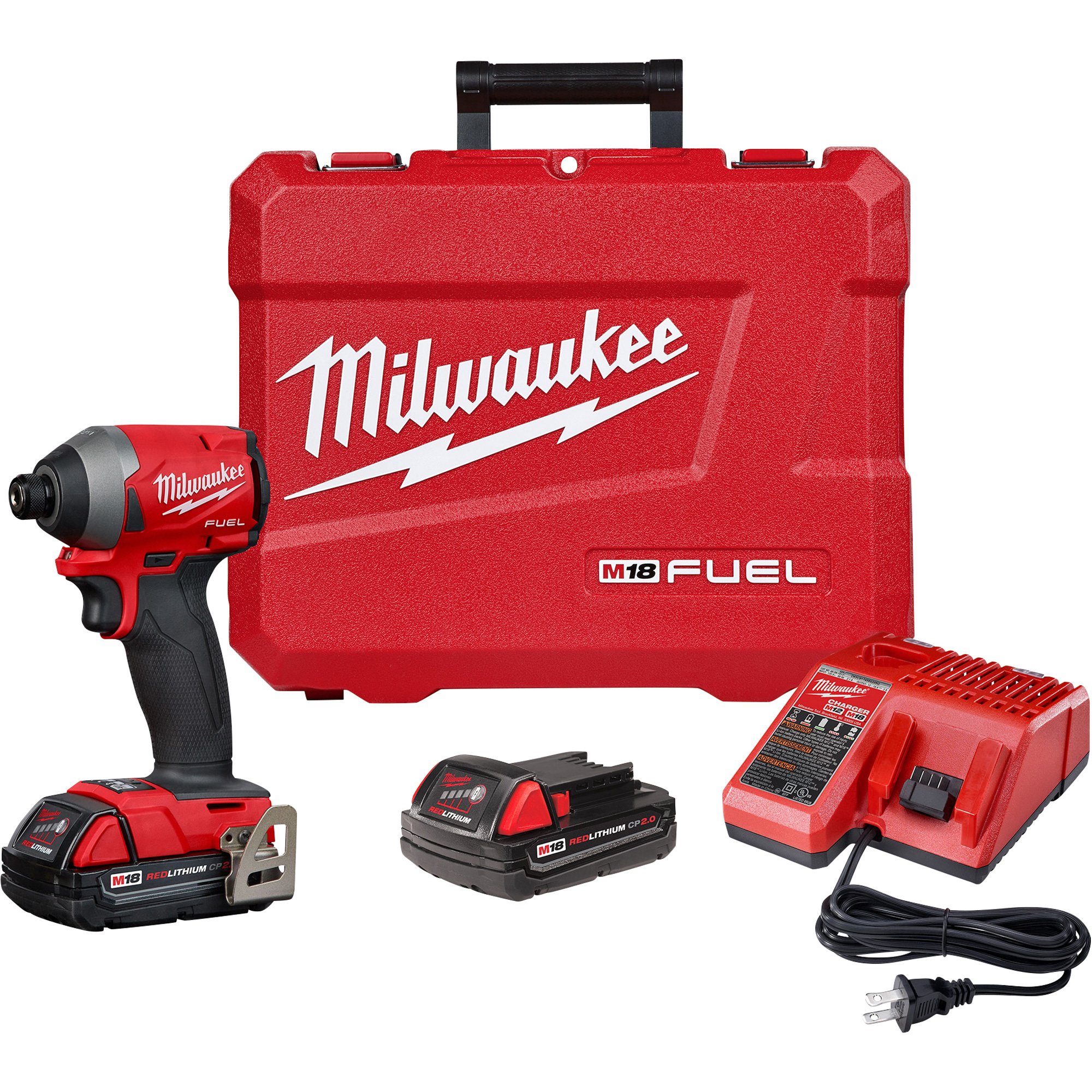 Milwaukee M18 FUEL Cordless Impact Driver Kit — With (2) 2.0Ah Compact Batteries, 1/4in. Hex, 2000 In.-Lbs. Torque, Model# 2853-22CT